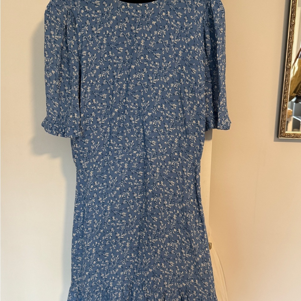 Reformation Dusty Blue Floral Mini Dress with Puff Sleeves